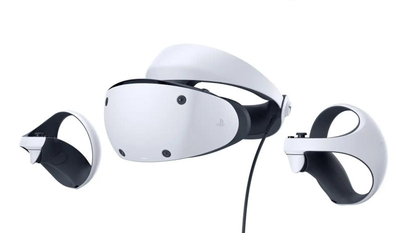 The Sony PlayStation VR2 virtual reality head gear and controllers.