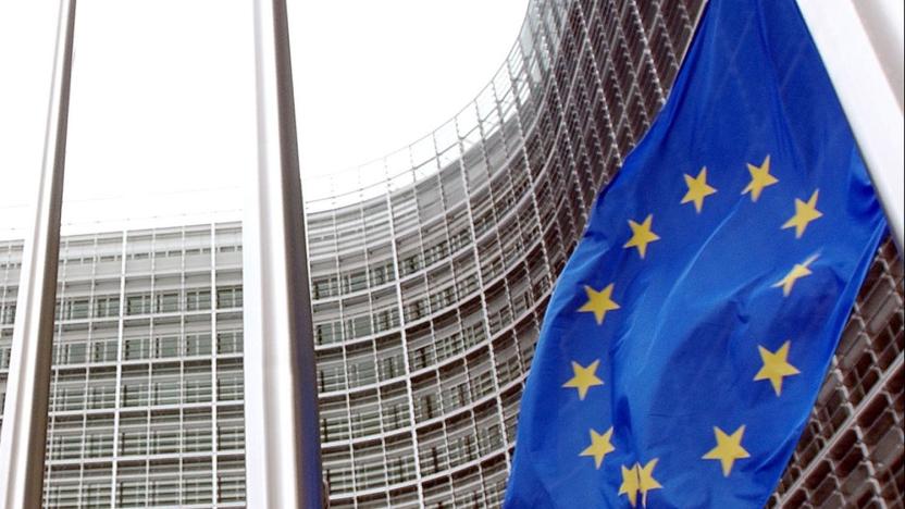 European Union flag waving outside European Commission headquarters, Brussels, Belgium, photo