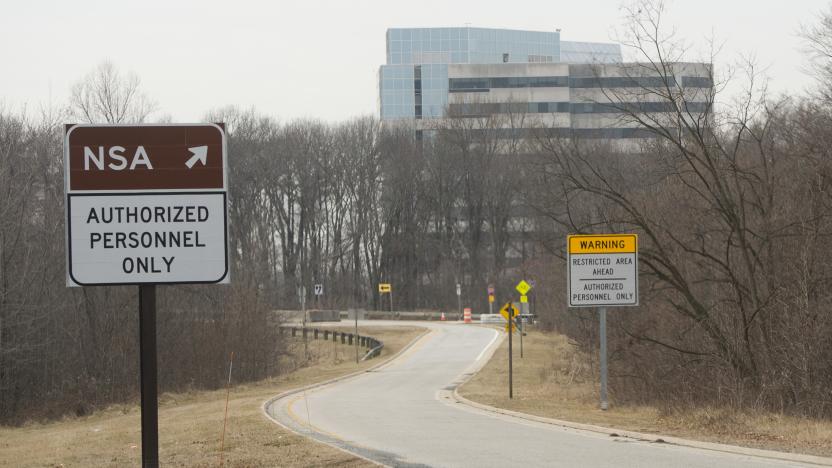 An entrance to the National Security Agency (NSA) headquarters is seen after a shooting incident at the visitor's entrance of the facility in Fort Meade, Maryland, February 14, 2018. - Shots were fired early Wednesday at the ultra-secret National Security Agency, the US electronic spying agency outside Washington, leaving one person injured, officials said.
Aerial footage of the scene from NBC News showed a black SUV with numerous bullet holes in its windshield crashed into concrete barriers at the main entrance to the NSA's headquarters in Fort Meade, Maryland. (Photo by SAUL LOEB / AFP) (Photo by SAUL LOEB/AFP via Getty Images)