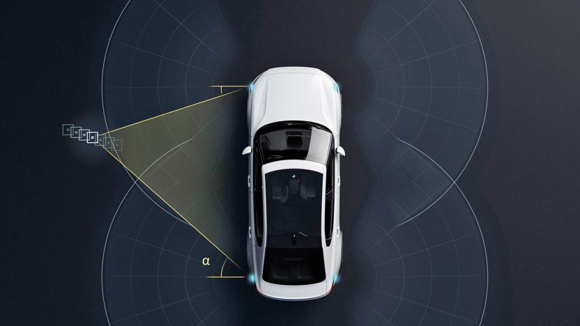 An overhead view of a Polestar EV with graphics representing the reach it's sensors.