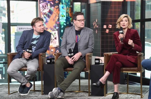 NEW YORK, NY - OCTOBER 05:  (L-R) Producer Matt Strevens, writer Chris Chibnall and actress Jodie Whittaker visit Build Series to discuss the series 'Doctor Who' at Build Studio on October 5, 2018 in New York City.  (Photo by Gary Gershoff/Getty Images)