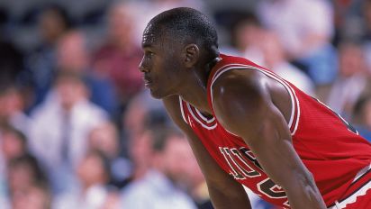 Getty Editorial - 1988: Michael Jordan #23 of the Chicago Bulls rests on the court during a game. NOTE TO USER: User expressly acknowledges and agrees that, by downloading and/or using this Photograph, User is consenting to the terms and conditions of the Getty Images License Agreement. Mandatory copyright notice: Copyright 2001 NBAE Mandatory Credit:  Mike Powelll/Allsport