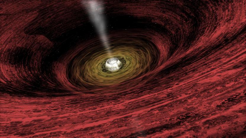 An artist's impression of a growing supermassive black hole located in the early Universe is seen in this NASA handout illustration released on June 15, 2011. Using the deepest X-ray image ever taken, astronomers found the first direct evidence that massive black holes were common in the early universe. This discovery from NASA's Chandra X-Ray Observatory shows that very young black holes grew more aggressively than previously thought, in tandem with the growth of their host galaxies. REUTERS/NASA/Chandra X-Ray Observatory/A.Hobart/Handout  (UNITED STATES - Tags: SCI TECH) FOR EDITORIAL USE ONLY. NOT FOR SALE FOR MARKETING OR ADVERTISING CAMPAIGNS. THIS IMAGE HAS BEEN SUPPLIED BY A THIRD PARTY. IT IS DISTRIBUTED, EXACTLY AS RECEIVED BY REUTERS, AS A SERVICE TO CLIENTS