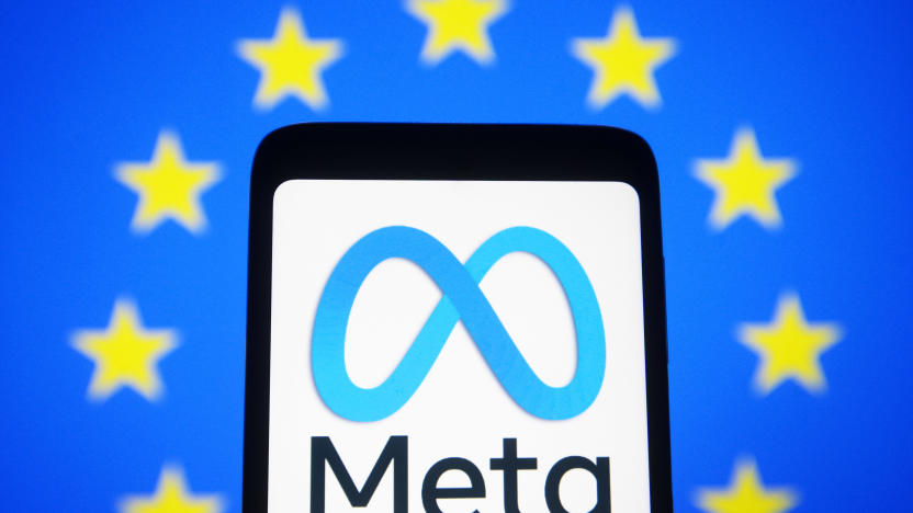 UKRAINE - 2022/02/09: In this photo illustration, Meta Platforms logo is seen on a smartphone screen and the EU ( European Union) or the flag of Europe in the background. (Photo Illustration by Pavlo Gonchar/SOPA Images/LightRocket via Getty Images)