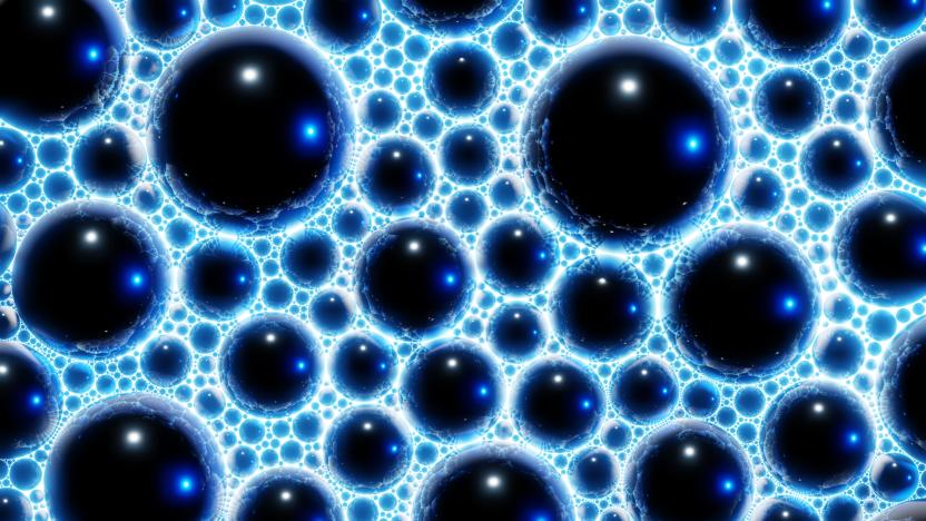 Abstract background consisting of multiple bubbles or spheres made of metal, water, liquid or Dark matter in space or multiverse. 3D rendering