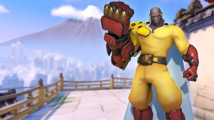 Doomfist as One-Punch Man, with Mount Fuji in the background. 