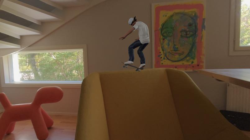 A screenshot from the game showing a skater on a chair.