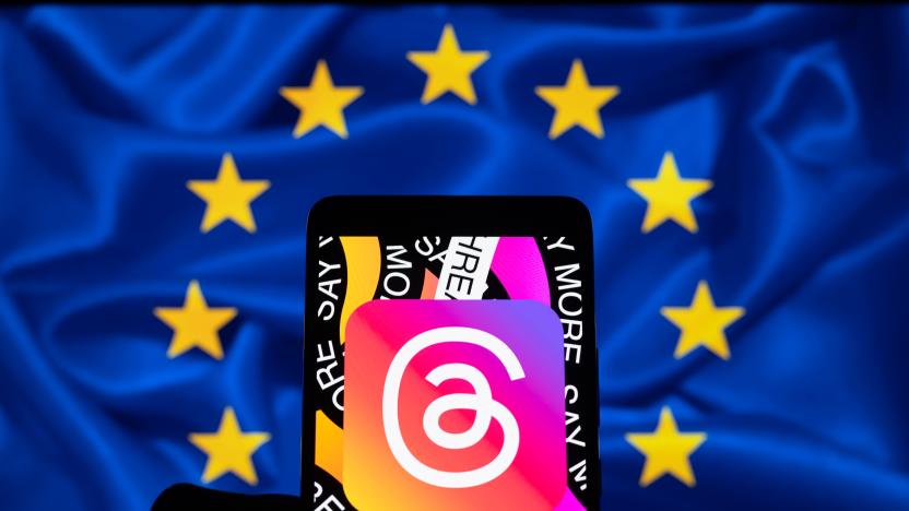 The Meta - Threads logo is being displayed on a smartphone with the European Union flag in the background, in this photo illustration, in Brussels, Belgium, on December 2, 2023. (Photo illustration by Jonathan Raa/NurPhoto via Getty Images)