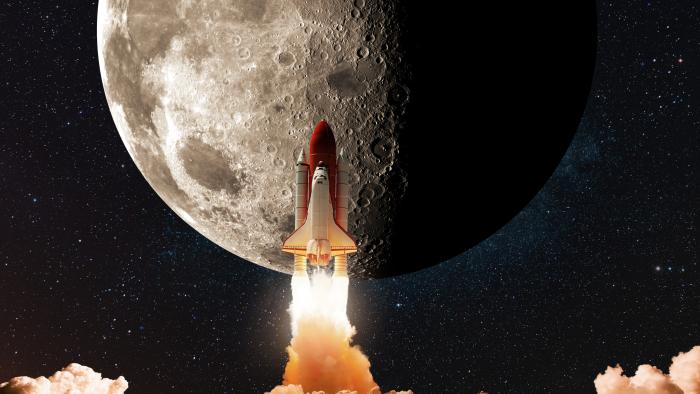 New space shuttle rocket with smoke and clouds takes off into the sky with moon. Shuttle spaceship liftoff to moon. Space Mission Launch to Moon Concept.