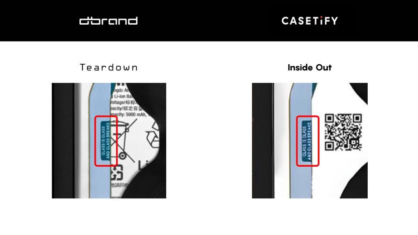 A screenshot showing a side-by-side comparison of Dbrand's Teardown and Casetify's Inside Out smartphone skins. A label that reads "glass is glass, and glass breaks" is highlighted on both.