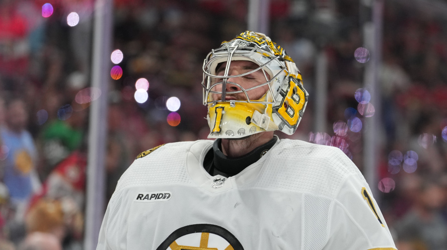 Getty Images - SUNRISE, FL - MAY 08: Boston Bruins goaltender Jeremy Swayman (1) closed his eyes after Florida scores its third goal on the second period during game two of the Eastern Conference round 2 playoffs between the Boston Bruins and the Florida Panthers on Wednesday, May 8, 2024 at Amerant Bank Arena, Sunrise, Fla. (Photo by Peter Joneleit/Icon Sportswire via Getty Images)