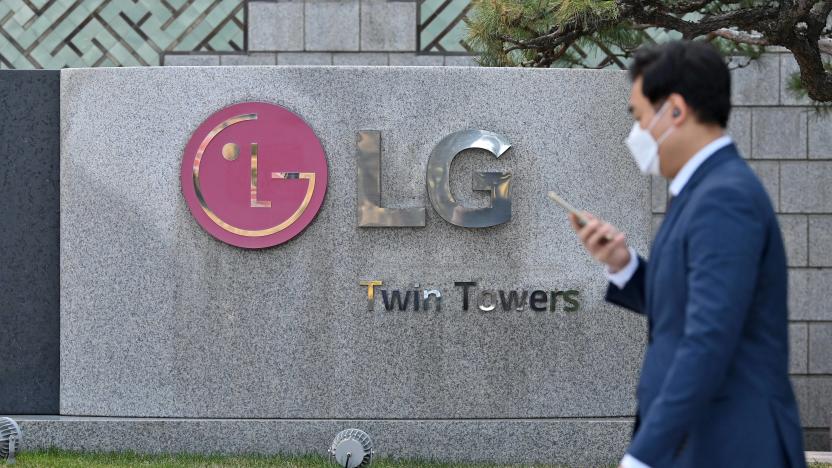 A man walks past the logo of South Korea's LG Electronics in front of the company's headquarters in Seoul on April 5, 2021. (Photo by Jung Yeon-je / AFP) (Photo by JUNG YEON-JE/AFP via Getty Images)