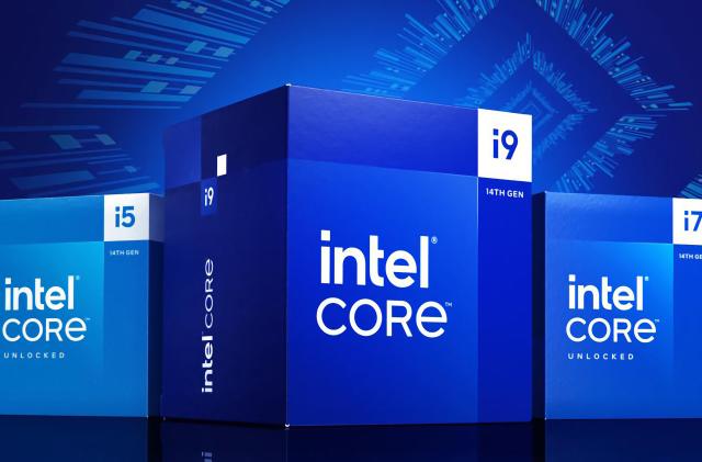 Intel marketing image, showing boxes for three of its processors. The blue cases say i5, i9 and i7, sitting in front of a blue techno-themed background.