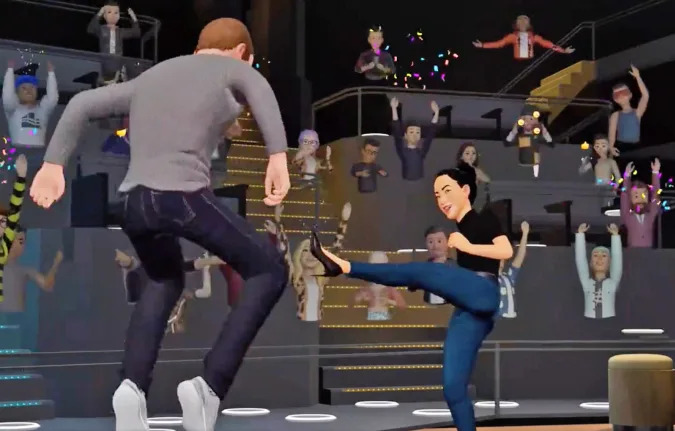 A still from the Meta Horizon Worlds VR demo where they were showing off avatars with legs. One avatar has their leg in the air after apparently kicking Mark Zuckerberg's avatar and he's lifted off the ground as a result.