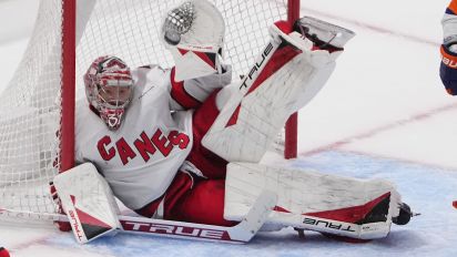 Getty Images - ELMONT, NY - APRIL 25: Carolina Hurricanes Goalie Frederik Andersen (31) makes a glove save of the puck during the third period of the National Hockey League Eastern Conference First Round Game 3 between the Carolina Hurricanes and the New York Islanders on April 25, 2024, at UBS Arena in Elmont, NY. (Photo by Gregory Fisher/Icon Sportswire via Getty Images)