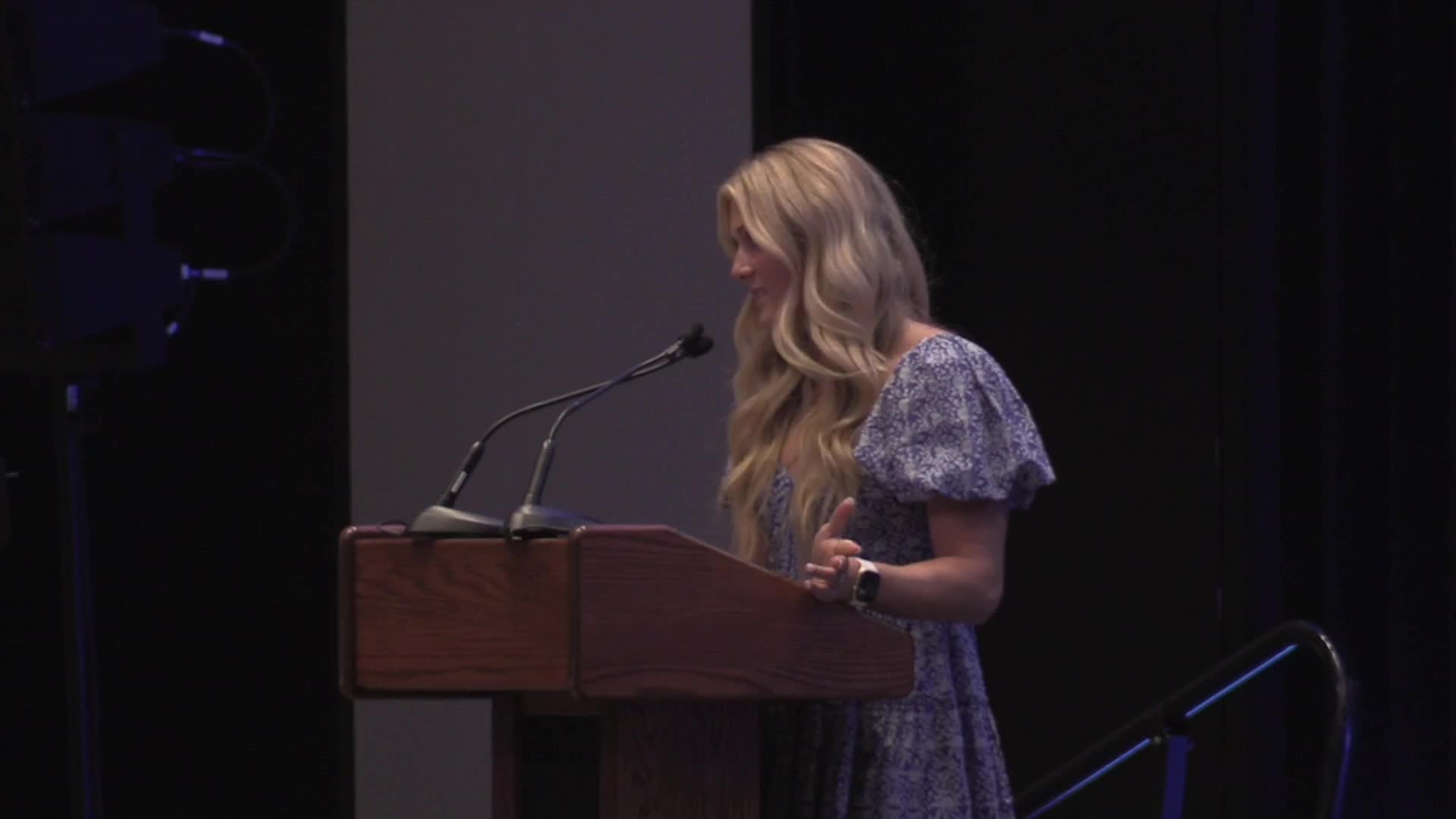 Riley Gaines speaks at the 107th Annual Lincoln Day Dinner in Louisville.