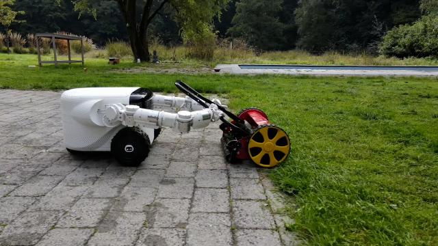 This friendly-looking robot will help you with yardwork