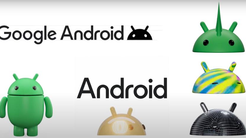 Refreshed Google Android logo alongside 3D renderings of the bugdroid mascot.