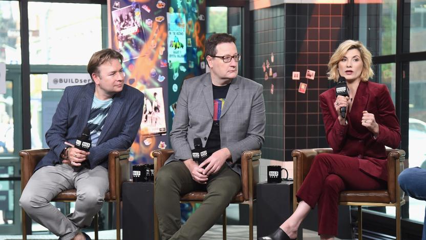 NEW YORK, NY - OCTOBER 05:  (L-R) Producer Matt Strevens, writer Chris Chibnall and actress Jodie Whittaker visit Build Series to discuss the series 'Doctor Who' at Build Studio on October 5, 2018 in New York City.  (Photo by Gary Gershoff/Getty Images)