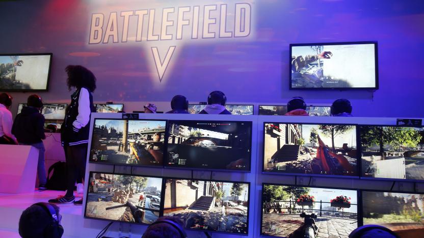 PARIS, FRANCE - OCTOBER 27:  Gamers play the video game "Battlefield V" developed by DICE and published by Electronic Arts (EA) during the 'Paris Games Week' on October 27, 2018 in Paris, France. 'Paris Games Week' is an international trade fair for video games and runs from October 26 to 31, 2018.  (Photo by Chesnot/Getty Images)