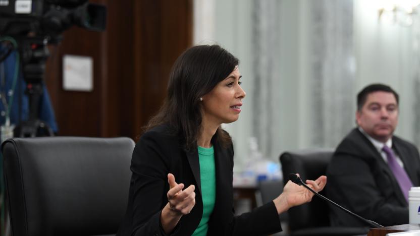 Jessica Rosenworcel testifies before a Senate Commerce, Science, and Transportation committee hearing to examine the Federal Communications Commission on Capitol Hill in Washington, Wednesday, June 24, 2020. (Jonathan Newton/The Washington Post via AP, Pool)