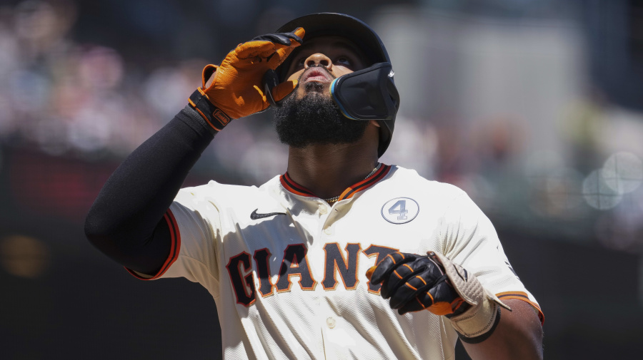 Associated Press - San Francisco Giants' Heliot Ramos celebrates after hitting a solo home run against the New York Yankees during the third inning of a baseball game Sunday, June 2, 2024, in San Francisco. (AP Photo/Godofredo A. Vásquez)