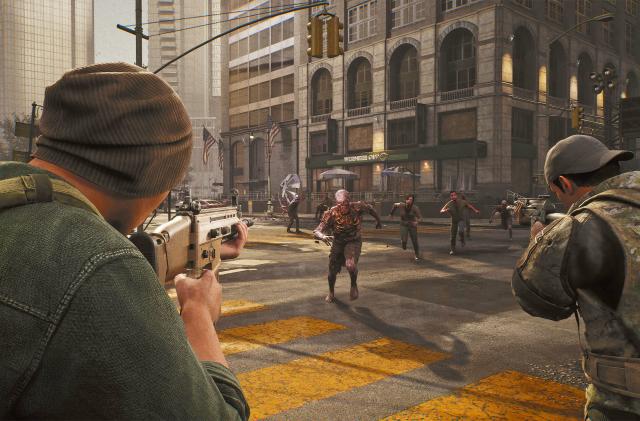 In this promo image for the video game 'The Day Before' a skinless zombie heads towards the camera while we see two people aiming rifles at it in an over-the-shoulder view.