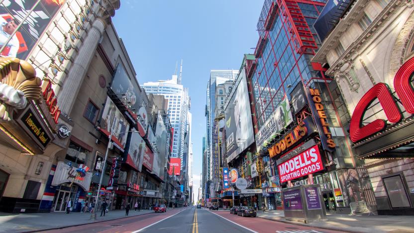 NEW YORK, NEW YORK - MAY 07: The view looking east along an empty 42nd street in Times Square amid the coronavirus pandemic on May 7, 2020 in New York City. COVID-19 has spread to most countries around the world, claiming over 270,000 lives with over 3.9 million cases. (Photo by Alexi Rosenfeld/Getty Images)