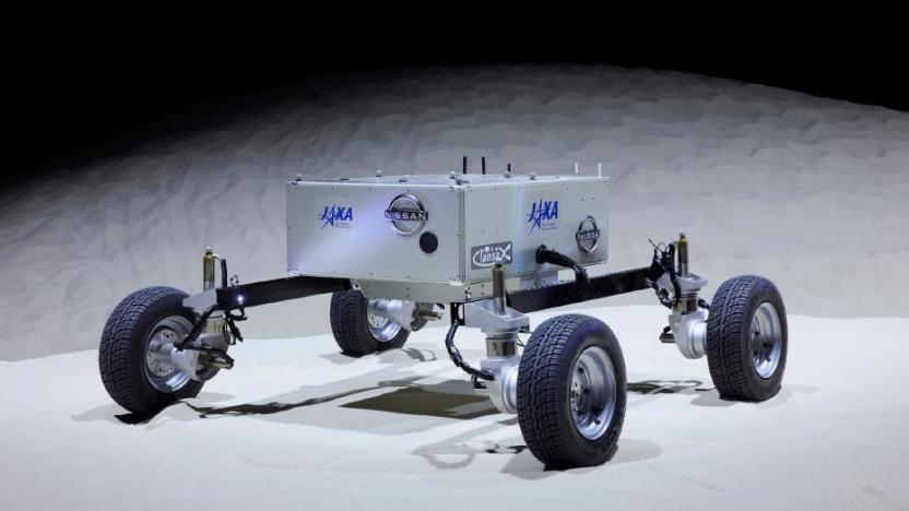 Nissan's lunar lander prototype, a rectangular box with four wheels attached.