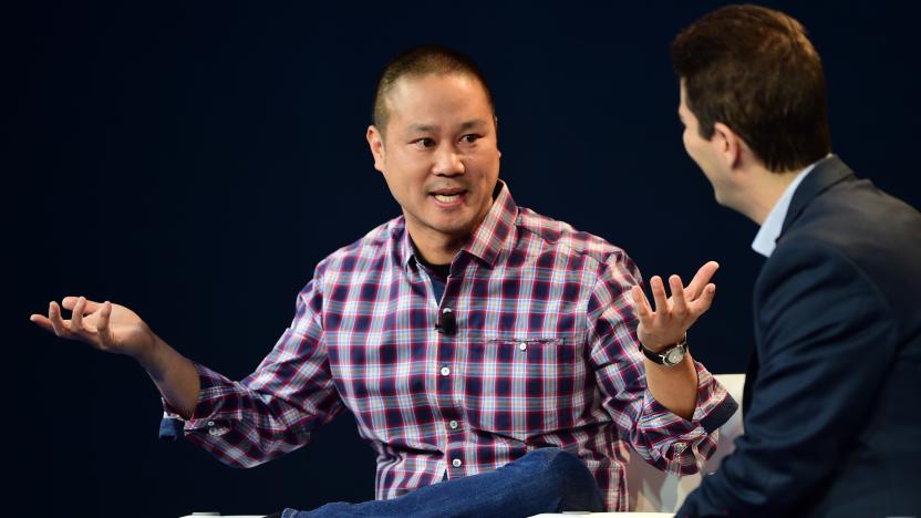 Tony Hsieh, CEO of Zappos, responds to questions from interviewer Dennis Berman at  2015 WSJD Live on October 20, 2015 in Laguna Beach, California. WSJ D Live brings together top CEOs, founders, pioneers, investors and luminaries to explore the most exciting tech opportunities emerging around the world. AFP PHOTO / FREDERIC J. BROWN        (Photo credit should read FREDERIC J. BROWN/AFP via Getty Images)