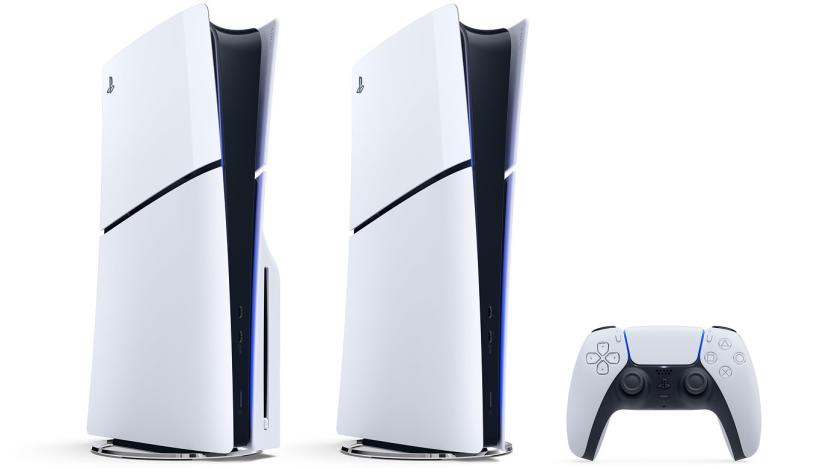 PS5 Slim disc drive and digital edition, along with the DualSense controller.