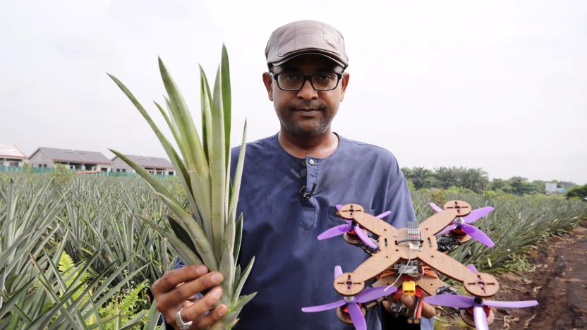 University Putra Malaysia professor Mohamed Thariq holds pineapple leaves and a drone partially made with pineapple stems, in Jenjarom, Malaysia December 12, 2020. Picture taken December 12, 2020. REUTERS/Lim Huey Teng