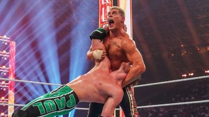 Getty Images - JEDDAH, SAUDI ARABIA - MAY 25: Cody Rhodes delivering a Cross Rhodes to Logan Paul during King and Queen of the Ring at Jeddah Superdome on May 25, 2024 in Jeddah, Saudi Arabia.  (Photo by WWE/Getty Images)