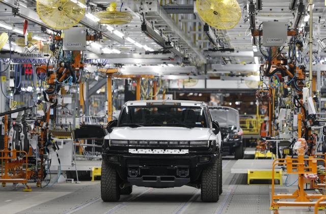 DETROIT, MI - AUGUST 05: A GMC Hummer EV truck is shown at General Motors Factory Zero on August 5, 2021 in Detroit, Michigan. Secretary Granholm is touring several manufacturing facilities in southeast Michigan today to help promote the Biden administrations infrastructure proposal. (Photo by Bill Pugliano/Getty Images)