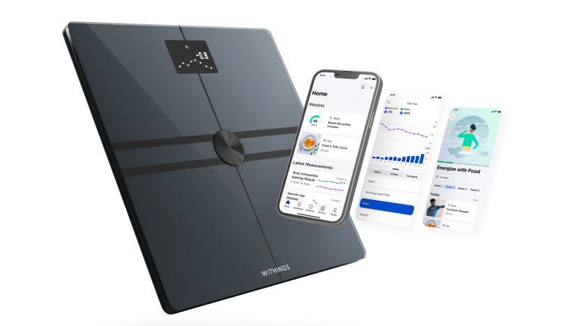 Image of Withings' Body Comp Scale with a blow-out of screenshots from the Health+ app subscription service,