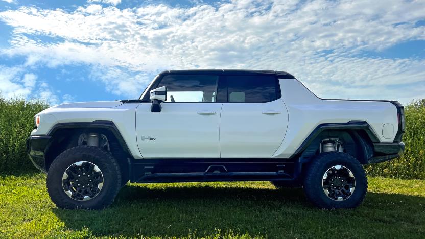 A white GMC Hummer EV parked on a grassy field with taller plants and bushes in the background beneath a blue cloud-streaked sky.