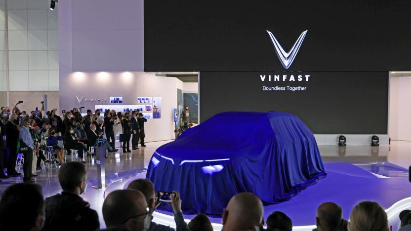 Attendees at the VinFast E35 SUV unveiling during the Vietnamese car company's EV global premiere during the 2021 LA Auto Show in Los Angeles, California, U.S. November, 17, 2021. 