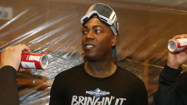Aroldis Chapman seen with wrapped up hand after Yankees' champagne celebration
