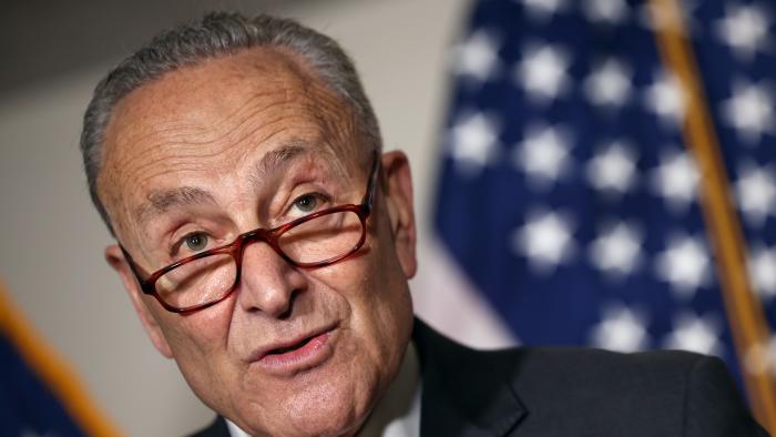 WASHINGTON, DC - JUNE 08: Senate Majority Leader Charles Schumer (D-NY) speaks at a press conference following a Senate Democratic luncheon on Capitol Hill on June 08, 2021 in Washington, DC. Schumer spoke on the equal pay, infrastructure and Democratic judicial nominees.  (Photo by Kevin Dietsch/Getty Images)