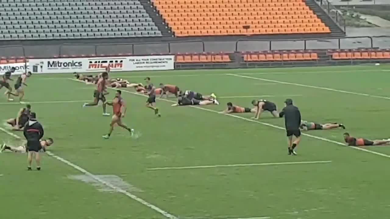 Wests Tigers Players Slip And Slide At Training During Sydney