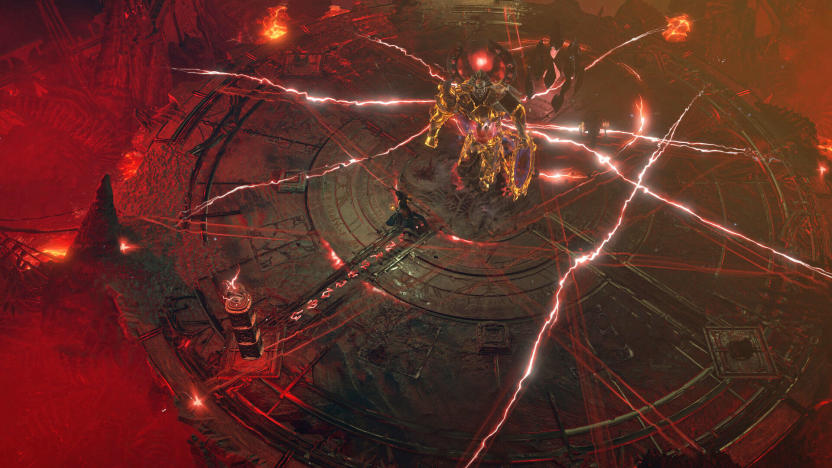 A glowing creature stands in the middle of a large disc-shaped platform with electricity crackling all around. A red hazy pit surrounds the platform.