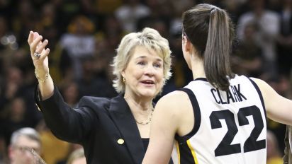 Getty Images - IOWA CITY, IOWA- MARCH 3: Head coach Lisa Bluder (L) and associate head coach Jan Jensen (R) of the Iowa Hawkeyes hug guard Caitlin Clark #22 during the senior day program following the match-up against the Ohio State Buckeyes at Carver-Hawkeye Arena on March 3, 2024 in Iowa City, Iowa. (Photo by Matthew Holst/Getty Images)