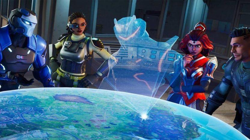 Four characters look at a hologram of a masked figure in Fortnite