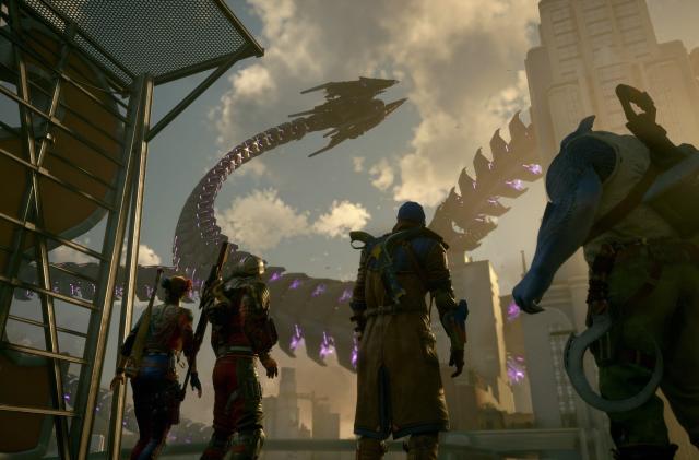 Harley Quinn, Deadshot, Captain Boomerang and King Shark look at the giant, metal tail of a distant enemy in Suicide Squad: Kill the Justice League