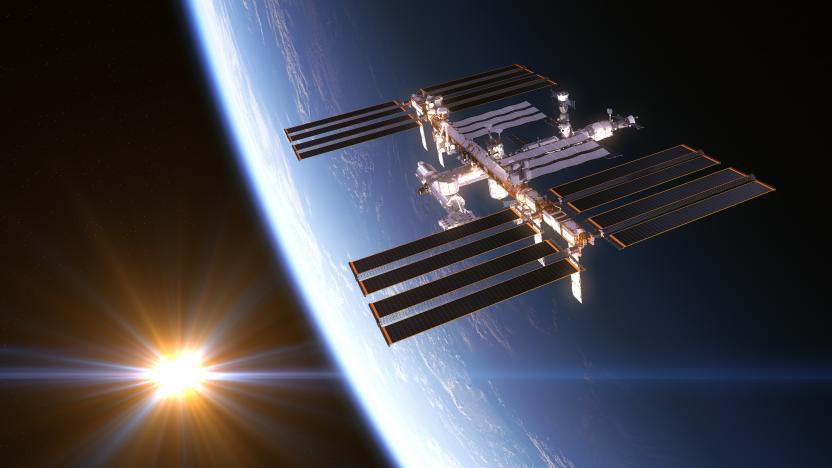 International Space Station On Background Of Rising Sun. 3D Illustration.