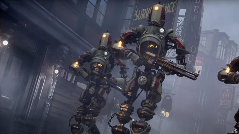 steampunk bipedal robots with rifles marching down a foggy street