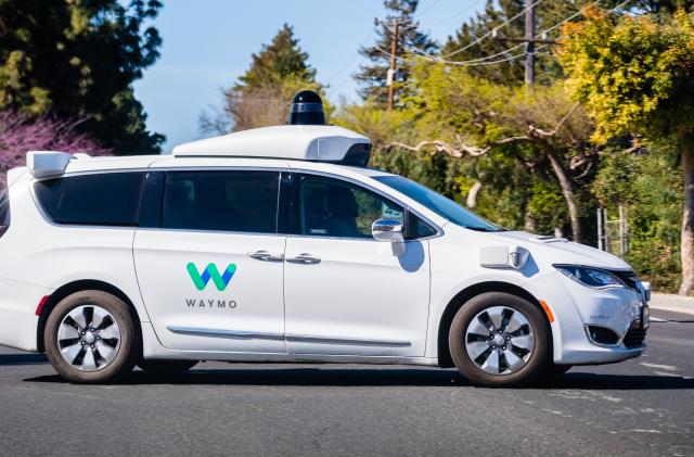 March 2, 2020 Mountain View / CA / USA - Waymo self driving car performing tests on a street near Google's offices, Silicon Valley; Waymo, a subsidiary of Alphabet, is developing an autonomous car