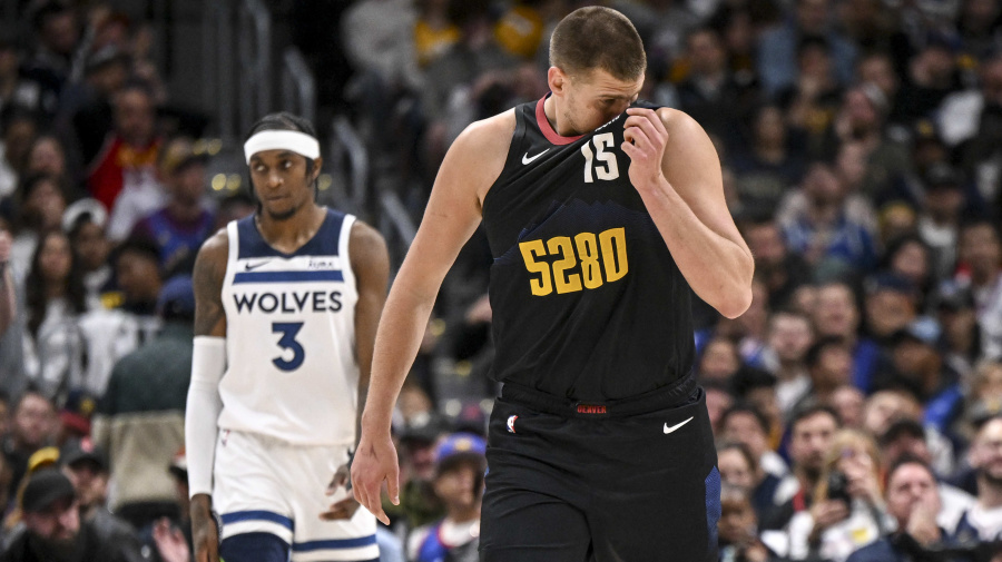 Getty Images - DENVER, CO - MAY 6: Nikola Jokic (15) of the Denver Nuggets wipes his face after turning the ball over to the Minnesota Timberwolves during the second quarter at Ball Arena in Denver on Monday, May 6, 2024. (Photo by AAron Ontiveroz/The Denver Post)