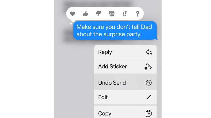 Screenshot of Apple's Undo Send feature. A message reading, "Make sure you don’t tell Dad about the surprise party," appears in blue. The pop-up menu below includes the highlighted option, "Undo Send."