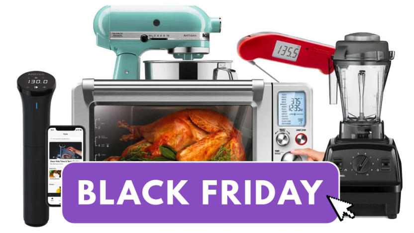 An array of kitchen gadgets sit behind a purple overlay that reads "Black Friday"